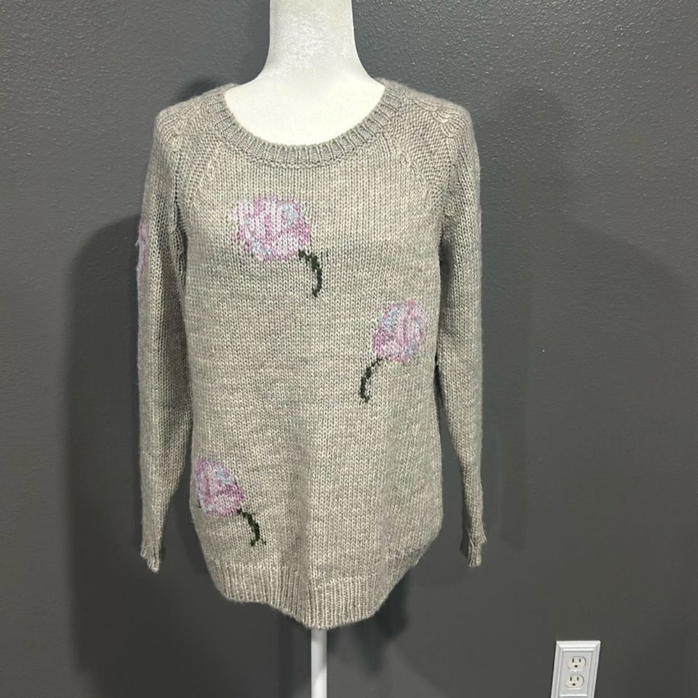 Philosophy Gray Wool Blend Crewneck Floral Sweater M - Picture 2 of 5